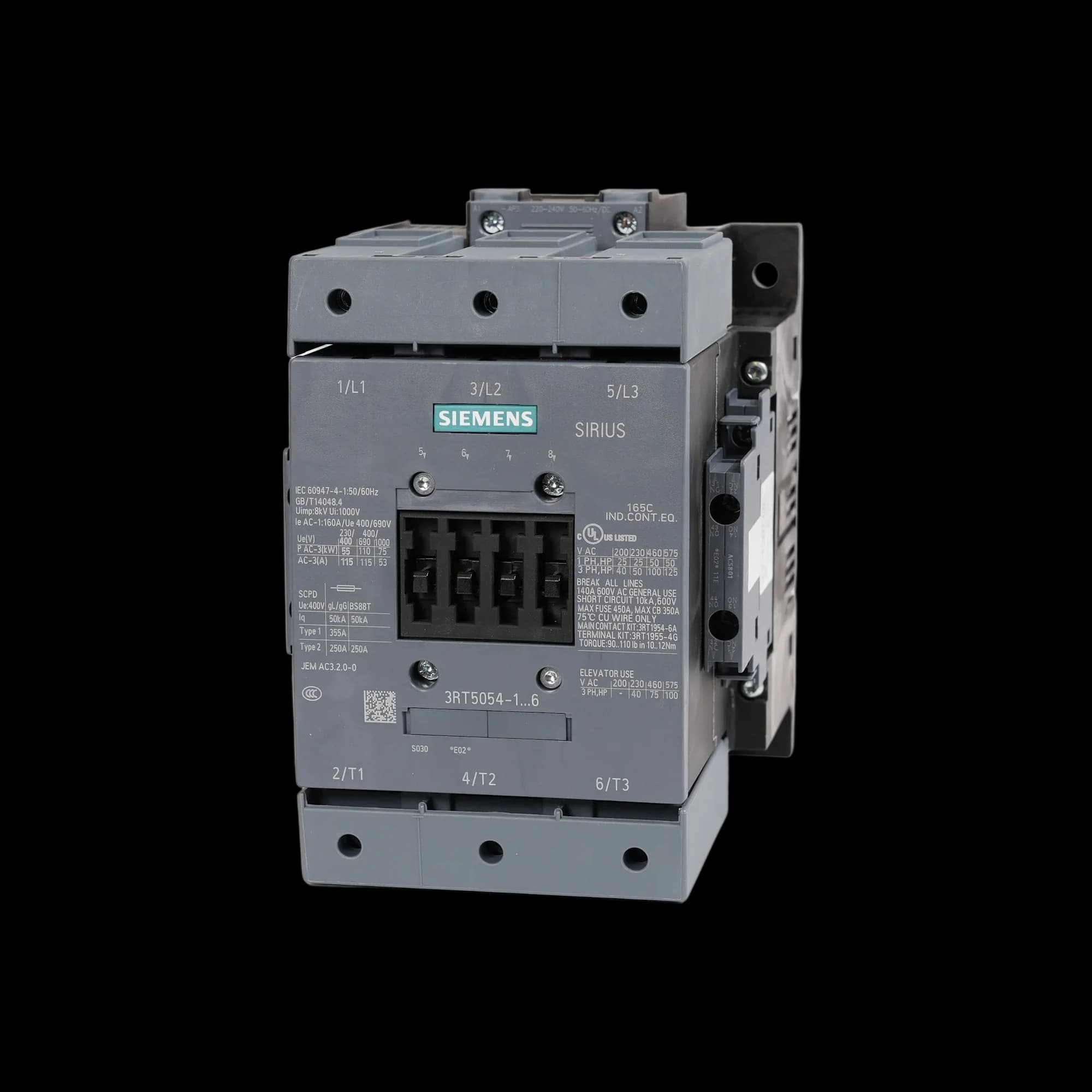 3RT5054-1AP36_Контактор 3P 115А 55кВт AC3 катушка, 230В AC/DC, допконтакты 2НО+2НЗ, габарит S6 3RT5054-1AP36_Контактор 3P 115А 55кВт AC3 катушка, 230В AC/DC, допконтакты 2НО+2НЗ, габарит S6